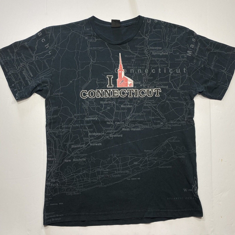 Vintage Connecticut‎ State Map Shirt Adult XL Black All Over Print Road Atlas